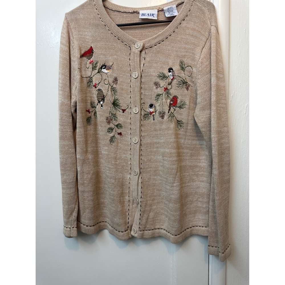 Blair Womens Tan Embroidered Bird Cardinal Pinecone Cardigan Sweater Medium